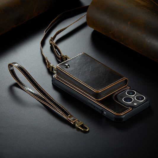 For iPhone 14 Plus JEEHOOD C22 Series Zipper Wallet Phone Case with Long and Short Lanyard(Coffee) - iPhone 14 Plus Cases by JEEHOOD | Online Shopping UK | buy2fix