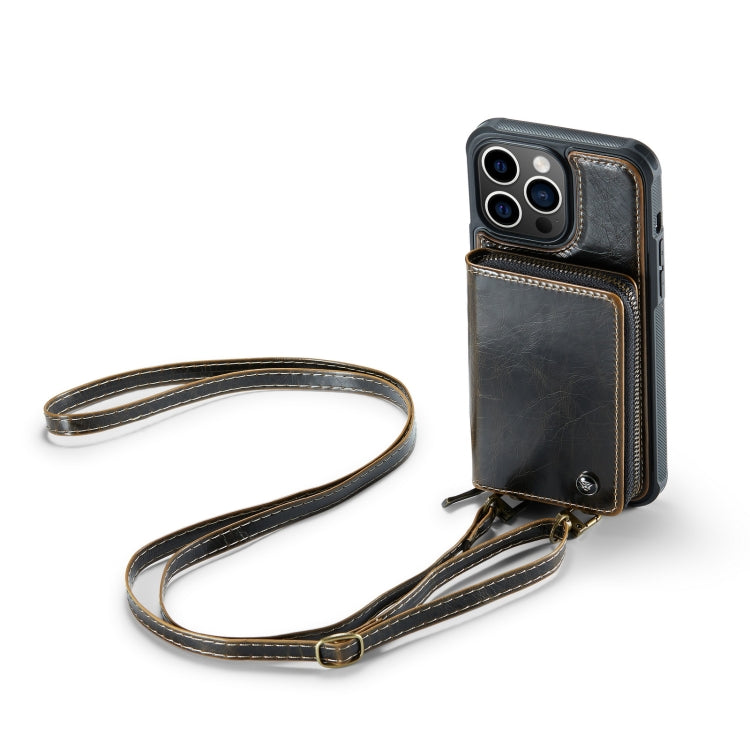 For iPhone 14 Plus JEEHOOD C22 Series Zipper Wallet Phone Case with Long and Short Lanyard(Coffee) - iPhone 14 Plus Cases by JEEHOOD | Online Shopping UK | buy2fix