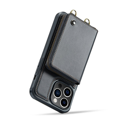 For iPhone 14 Pro JEEHOOD C22 Series Zipper Wallet Phone Case with Long and Short Lanyard(Black) - iPhone 14 Pro Cases by JEEHOOD | Online Shopping UK | buy2fix
