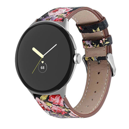 For Google Pixel Watch 5 / 4 / 3 / 2 / 1 41mm Round Tail Genuine Leather Watch Band(Black Pink Flower)