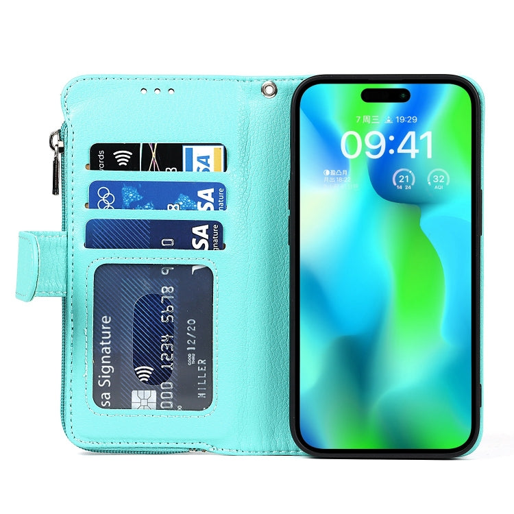 For iPhone 14 Pro Max Microfiber Zipper Leather Phone Case(Mint Green) - iPhone 14 Pro Max Cases by buy2fix | Online Shopping UK | buy2fix