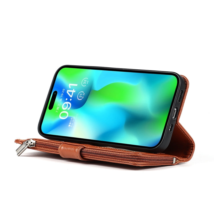 For iPhone 14 Pro Max Microfiber Zipper Leather Phone Case(Brown) - iPhone 14 Pro Max Cases by buy2fix | Online Shopping UK | buy2fix