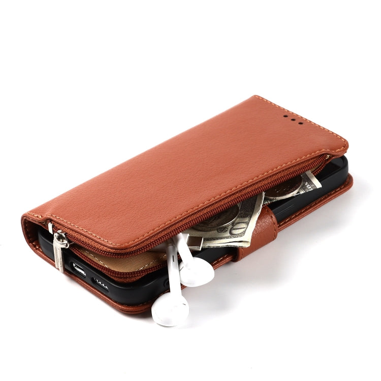For iPhone 14 Pro Max Microfiber Zipper Leather Phone Case(Brown) - iPhone 14 Pro Max Cases by buy2fix | Online Shopping UK | buy2fix