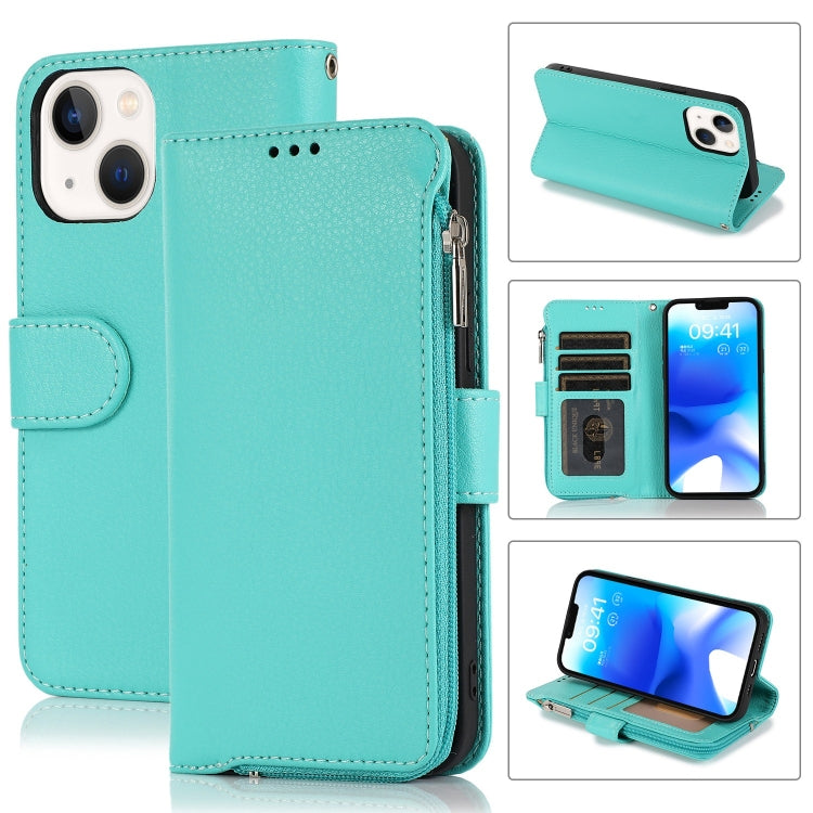 For iPhone 14 Microfiber Zipper Leather Phone Case(Mint Green) - iPhone 14 Cases by buy2fix | Online Shopping UK | buy2fix