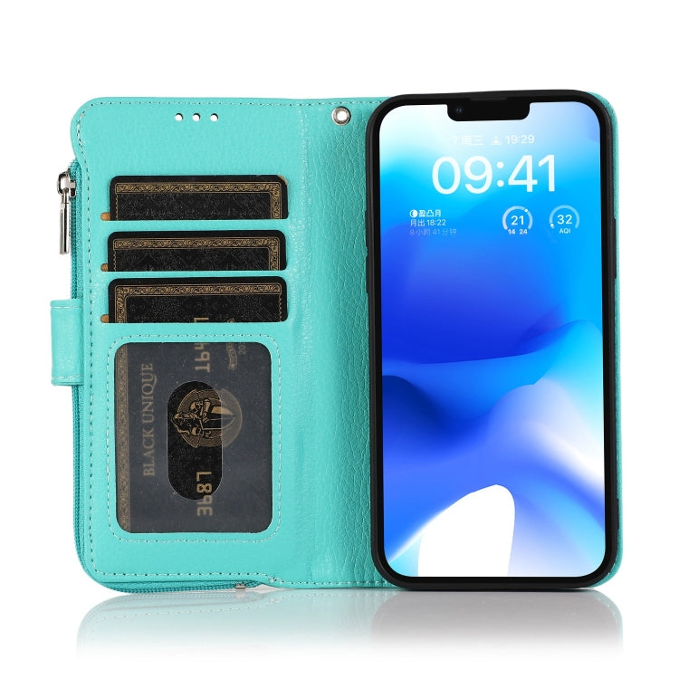 For iPhone 14 Microfiber Zipper Leather Phone Case(Mint Green) - iPhone 14 Cases by buy2fix | Online Shopping UK | buy2fix
