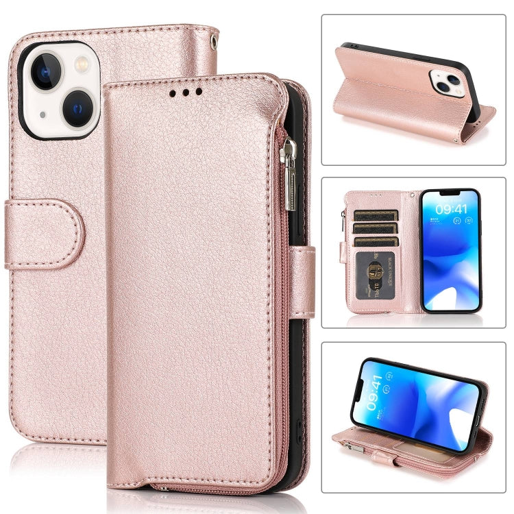 For iPhone 14 Microfiber Zipper Leather Phone Case(Rose Gold) - iPhone 14 Cases by buy2fix | Online Shopping UK | buy2fix