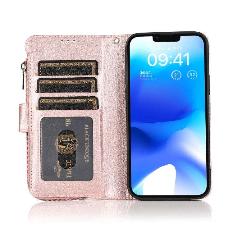 For iPhone 14 Microfiber Zipper Leather Phone Case(Rose Gold) - iPhone 14 Cases by buy2fix | Online Shopping UK | buy2fix