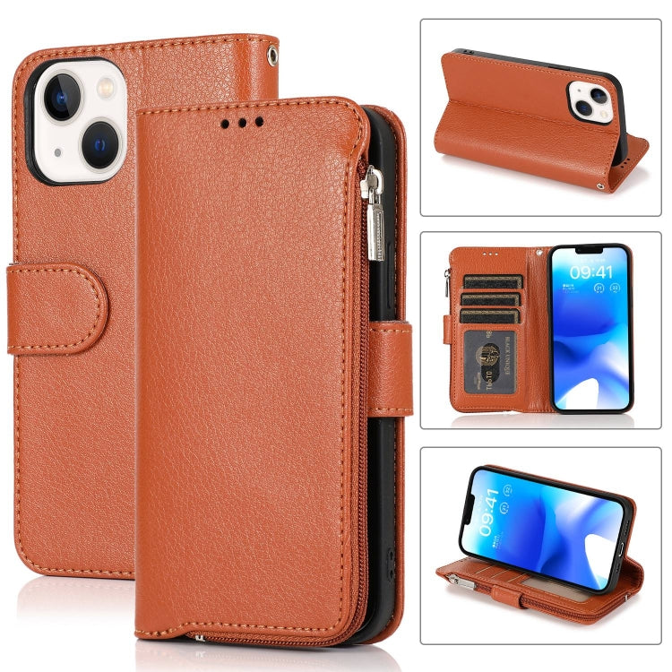 For iPhone 14 Microfiber Zipper Leather Phone Case(Brown) - iPhone 14 Cases by buy2fix | Online Shopping UK | buy2fix
