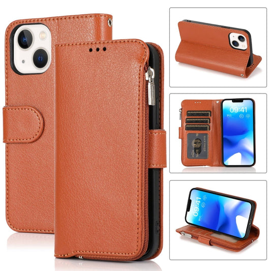 For iPhone 14 Microfiber Zipper Leather Phone Case(Brown) - iPhone 14 Cases by buy2fix | Online Shopping UK | buy2fix
