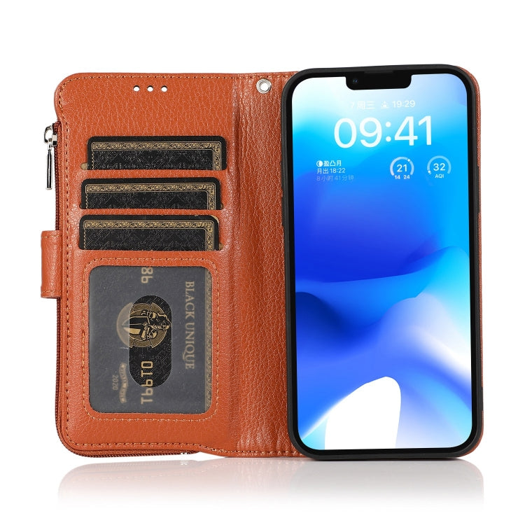 For iPhone 14 Microfiber Zipper Leather Phone Case(Brown) - iPhone 14 Cases by buy2fix | Online Shopping UK | buy2fix