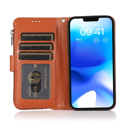 For iPhone 14 Microfiber Zipper Leather Phone Case(Brown) - iPhone 14 Cases by buy2fix | Online Shopping UK | buy2fix