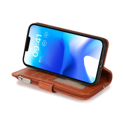 For iPhone 14 Microfiber Zipper Leather Phone Case(Brown) - iPhone 14 Cases by buy2fix | Online Shopping UK | buy2fix