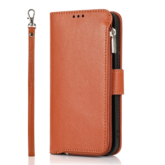 For iPhone 14 Plus Microfiber Zipper Leather Phone Case(Brown) - iPhone 14 Plus Cases by buy2fix | Online Shopping UK | buy2fix