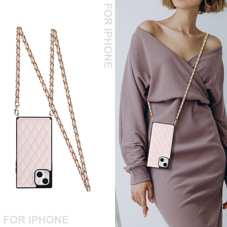 For iPhone 14 Crossbody Rhombic Microfiber Leather Phone Case(Pink) - iPhone 14 Cases by buy2fix | Online Shopping UK | buy2fix