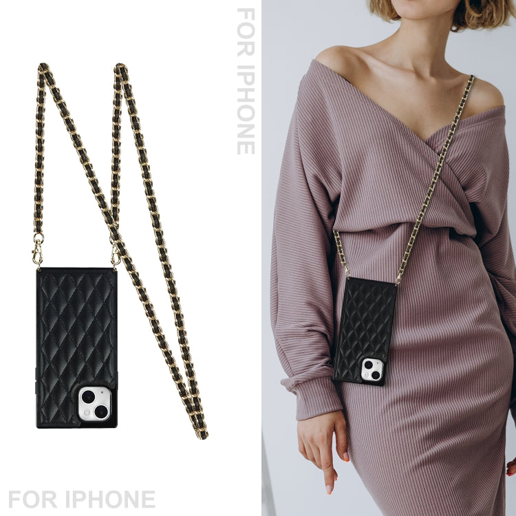 For iPhone 14 Crossbody Rhombic Microfiber Leather Phone Case(Black) - iPhone 14 Cases by buy2fix | Online Shopping UK | buy2fix