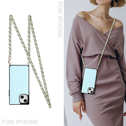 For iPhone 14 Crossbody Rhombic Microfiber Leather Phone Case(Light Blue) - iPhone 14 Cases by buy2fix | Online Shopping UK | buy2fix