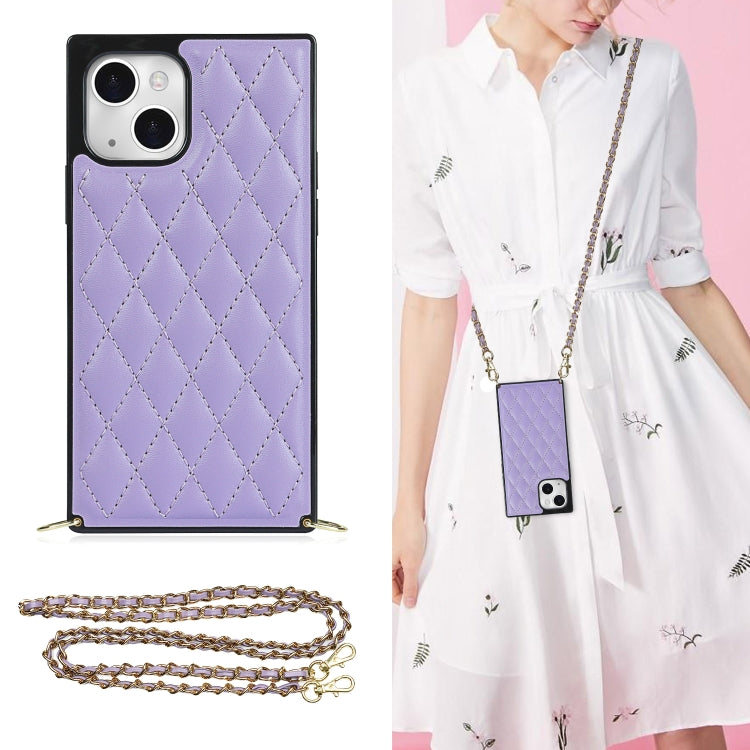For iPhone 14 Crossbody Rhombic Microfiber Leather Phone Case(Purple) - iPhone 14 Cases by buy2fix | Online Shopping UK | buy2fix