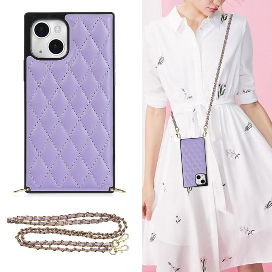 For iPhone 14 Crossbody Rhombic Microfiber Leather Phone Case(Purple) - iPhone 14 Cases by buy2fix | Online Shopping UK | buy2fix