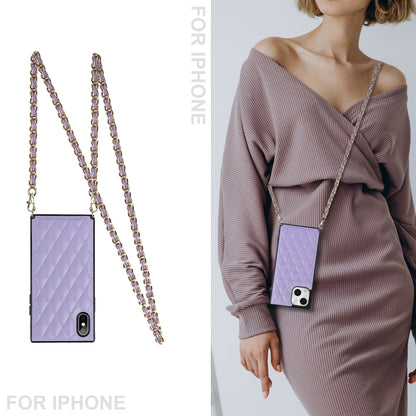 For iPhone 14 Crossbody Rhombic Microfiber Leather Phone Case(Purple) - iPhone 14 Cases by buy2fix | Online Shopping UK | buy2fix