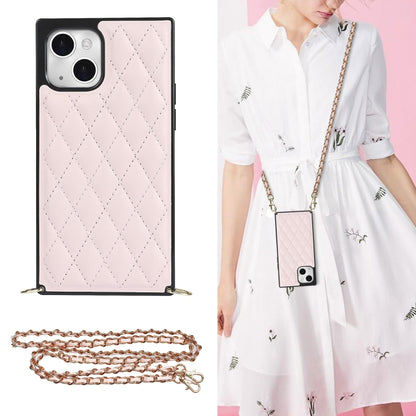 For iPhone 14 Plus Crossbody Rhombic Microfiber Leather Phone Case(Pink) - iPhone 14 Plus Cases by buy2fix | Online Shopping UK | buy2fix