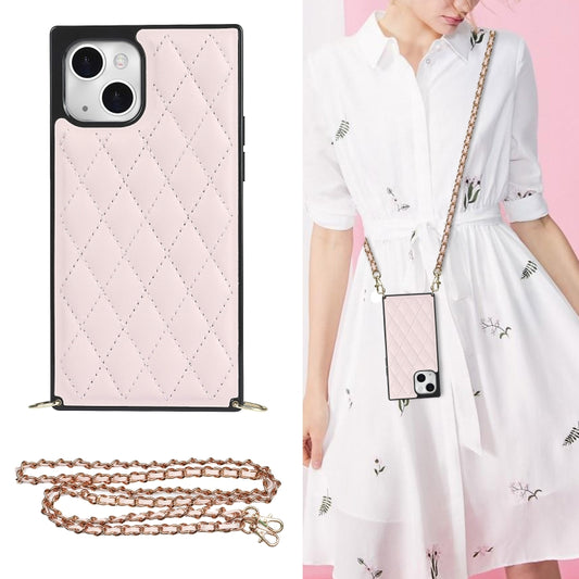 For iPhone 14 Plus Crossbody Rhombic Microfiber Leather Phone Case(Pink) - iPhone 14 Plus Cases by buy2fix | Online Shopping UK | buy2fix