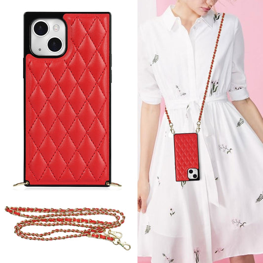 For iPhone 14 Plus Crossbody Rhombic Microfiber Leather Phone Case(Red) - iPhone 14 Plus Cases by buy2fix | Online Shopping UK | buy2fix