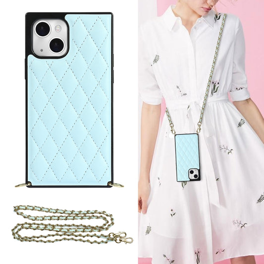 For iPhone 14 Plus Crossbody Rhombic Microfiber Leather Phone Case(Light Blue) - iPhone 14 Plus Cases by buy2fix | Online Shopping UK | buy2fix