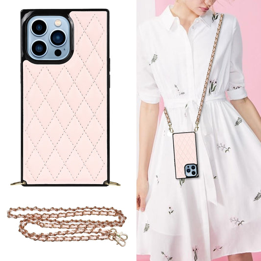 For iPhone 14 Pro Max Crossbody Rhombic Microfiber Leather Phone Case(Pink) - iPhone 14 Pro Max Cases by buy2fix | Online Shopping UK | buy2fix