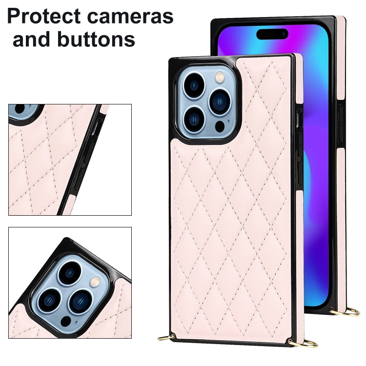 For iPhone 14 Pro Max Crossbody Rhombic Microfiber Leather Phone Case(Pink) - iPhone 14 Pro Max Cases by buy2fix | Online Shopping UK | buy2fix