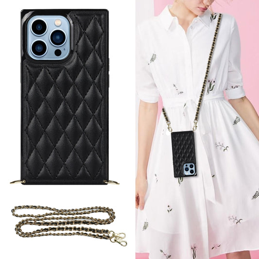 For iPhone 14 Pro Max Crossbody Rhombic Microfiber Leather Phone Case(Black) - iPhone 14 Pro Max Cases by buy2fix | Online Shopping UK | buy2fix