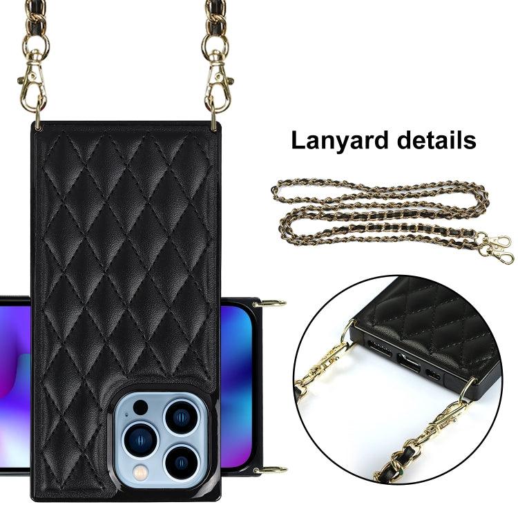 For iPhone 14 Pro Max Crossbody Rhombic Microfiber Leather Phone Case(Black) - iPhone 14 Pro Max Cases by buy2fix | Online Shopping UK | buy2fix