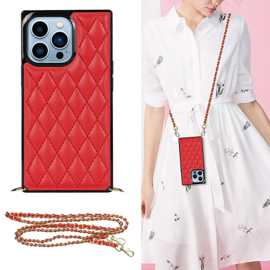 For iPhone 14 Pro Max Crossbody Rhombic Microfiber Leather Phone Case(Red) - iPhone 14 Pro Max Cases by buy2fix | Online Shopping UK | buy2fix