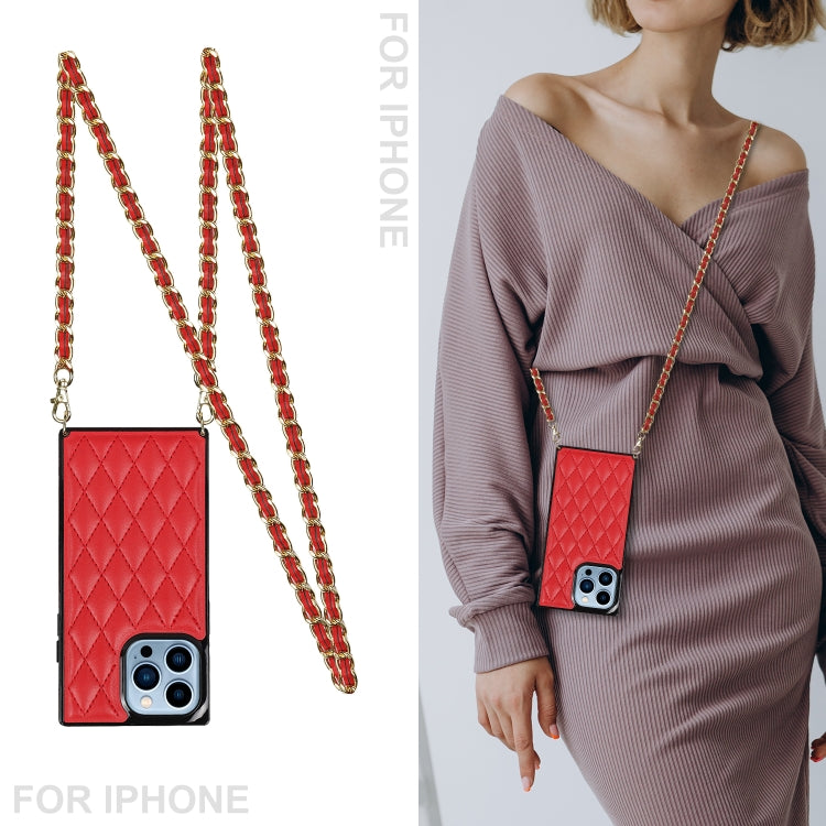 For iPhone 14 Pro Max Crossbody Rhombic Microfiber Leather Phone Case(Red) - iPhone 14 Pro Max Cases by buy2fix | Online Shopping UK | buy2fix