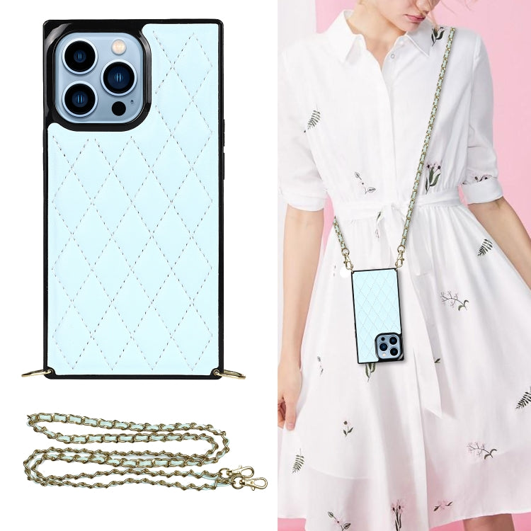 For iPhone 14 Pro Max Crossbody Rhombic Microfiber Leather Phone Case(Light Blue) - iPhone 14 Pro Max Cases by buy2fix | Online Shopping UK | buy2fix