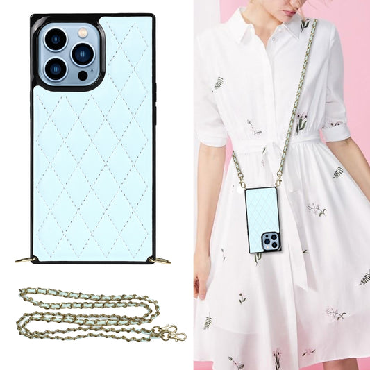 For iPhone 14 Pro Max Crossbody Rhombic Microfiber Leather Phone Case(Light Blue) - iPhone 14 Pro Max Cases by buy2fix | Online Shopping UK | buy2fix