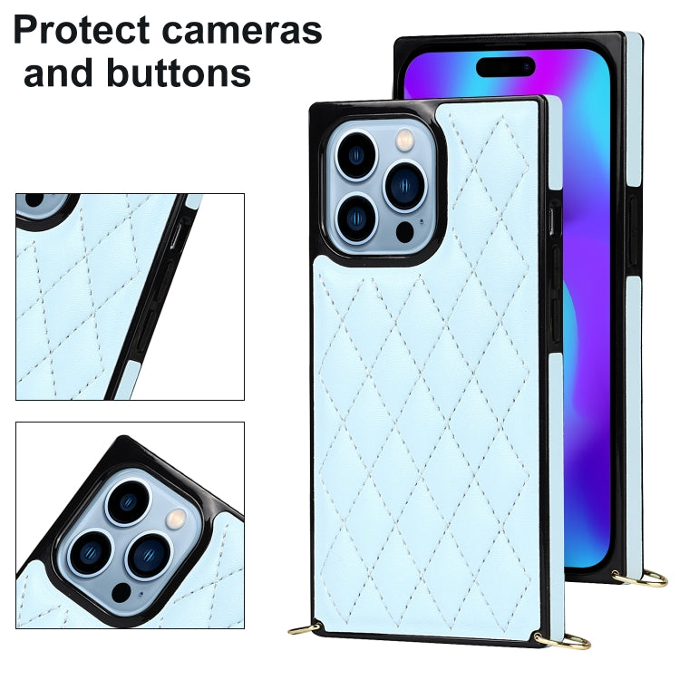 For iPhone 14 Pro Max Crossbody Rhombic Microfiber Leather Phone Case(Light Blue) - iPhone 14 Pro Max Cases by buy2fix | Online Shopping UK | buy2fix