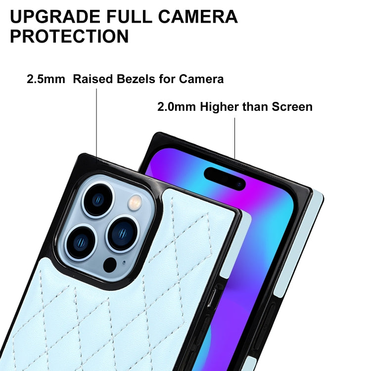 For iPhone 14 Pro Max Crossbody Rhombic Microfiber Leather Phone Case(Light Blue) - iPhone 14 Pro Max Cases by buy2fix | Online Shopping UK | buy2fix
