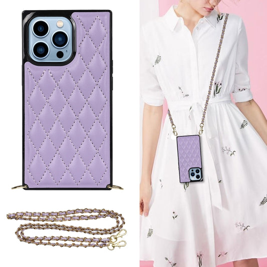 For iPhone 14 Pro Max Crossbody Rhombic Microfiber Leather Phone Case(Purple) - iPhone 14 Pro Max Cases by buy2fix | Online Shopping UK | buy2fix