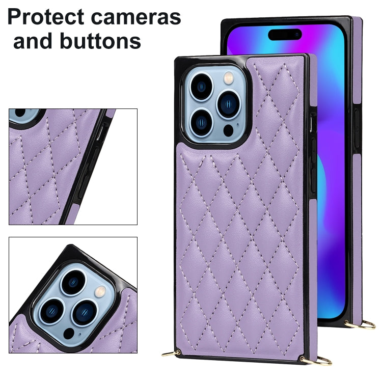 For iPhone 14 Pro Max Crossbody Rhombic Microfiber Leather Phone Case(Purple) - iPhone 14 Pro Max Cases by buy2fix | Online Shopping UK | buy2fix