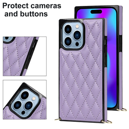 For iPhone 14 Pro Max Crossbody Rhombic Microfiber Leather Phone Case(Purple) - iPhone 14 Pro Max Cases by buy2fix | Online Shopping UK | buy2fix