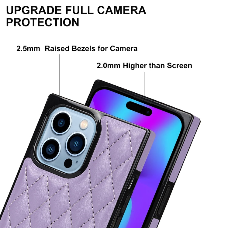 For iPhone 14 Pro Max Crossbody Rhombic Microfiber Leather Phone Case(Purple) - iPhone 14 Pro Max Cases by buy2fix | Online Shopping UK | buy2fix