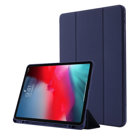 Skin Feel Pen Holder Tri-fold Tablet Leather Case For iPad Air 13 2025 / 2024 / iPad Pro 12.9 2022 / 2021 / 2020 / 2018(Dark Blue)