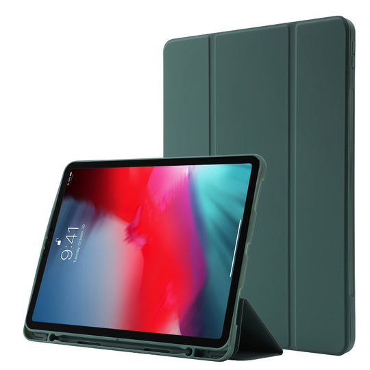 Skin Feel Pen Holder Tri-fold Tablet Leather Case For iPad Air 13 2025 / 2024 / iPad Pro 12.9 2022 / 2021 / 2020 / 2018(Dark Green)
