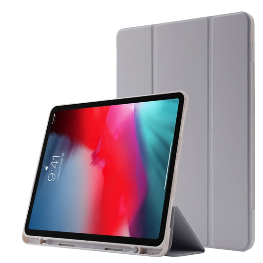 Skin Feel Pen Holder Tri-fold Tablet Leather Case For iPad Air 13 2025 / 2024 / iPad Pro 12.9 2022 / 2021 / 2020 / 2018(Grey)