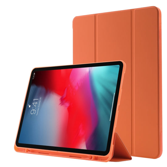 Skin Feel Pen Holder Tri-fold Tablet Leather Case For iPad Air 13 2025 / 2024 / iPad Pro 12.9 2022 / 2021 / 2020 / 2018(Orange)