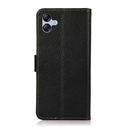 For Samsung Galaxy A04e KHAZNEH Side-Magnetic Litchi Genuine Leather RFID Phone Case(Black) - Galaxy Phone Cases by buy2fix | Online Shopping UK | buy2fix