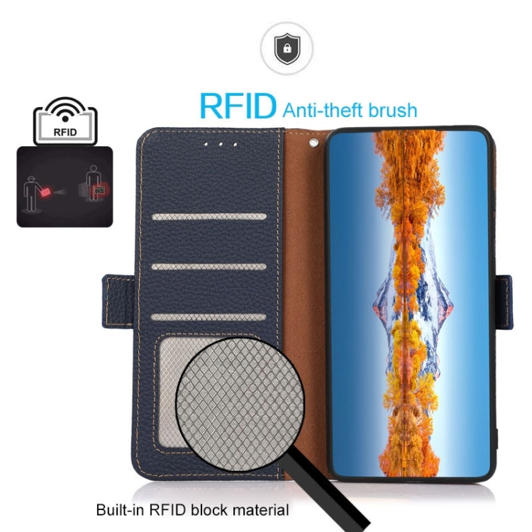 For Samsung Galaxy A04e KHAZNEH Side-Magnetic Litchi Genuine Leather RFID Phone Case(Blue) - Galaxy Phone Cases by buy2fix | Online Shopping UK | buy2fix