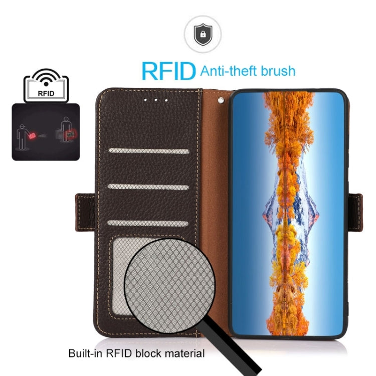 For Samsung Galaxy A04e KHAZNEH Side-Magnetic Litchi Genuine Leather RFID Phone Case(Brown) - Galaxy Phone Cases by buy2fix | Online Shopping UK | buy2fix