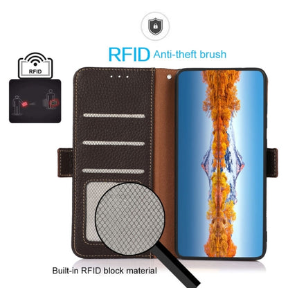 For Samsung Galaxy A04e KHAZNEH Side-Magnetic Litchi Genuine Leather RFID Phone Case(Brown) - Galaxy Phone Cases by buy2fix | Online Shopping UK | buy2fix