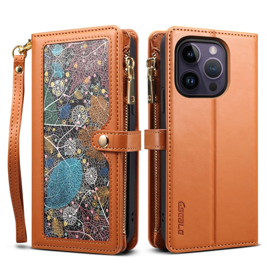 For iPhone 14 Pro ESEBLE Star Series Lanyard Zipper Wallet RFID Leather Case(Brown) - iPhone 14 Pro Cases by ESEBLE | Online Shopping UK | buy2fix